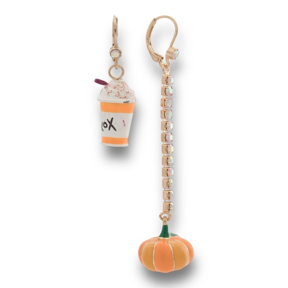 Betsey Johnson Pumpkin Spice Coffee & Pumpkin Mismatch Drop Earrings NWT - Picture 2 of 8